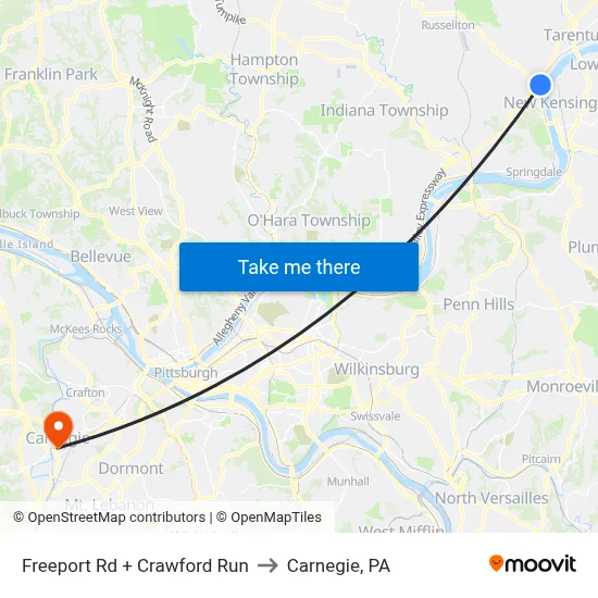 Freeport Rd + Crawford Run to Carnegie, PA map