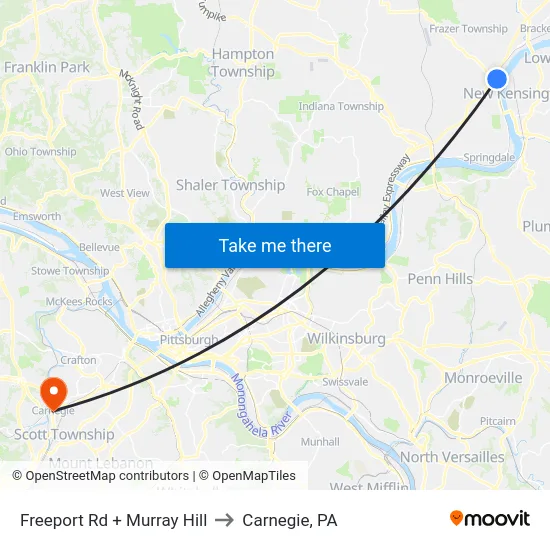 Freeport Rd + Murray Hill to Carnegie, PA map