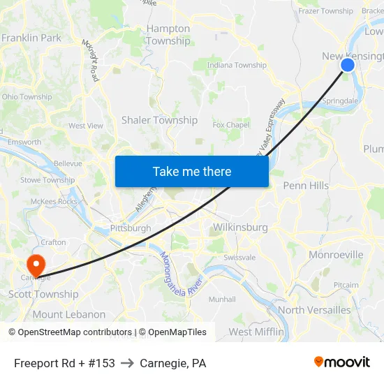 Freeport Rd + #153 to Carnegie, PA map