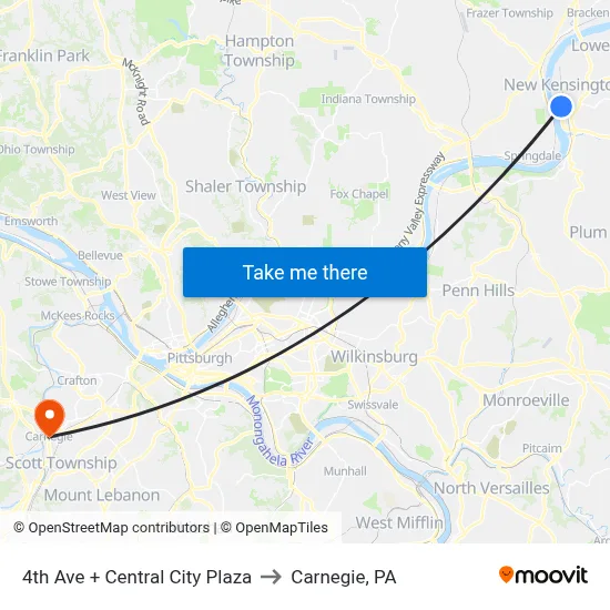 4th Ave + Central City Plaza to Carnegie, PA map