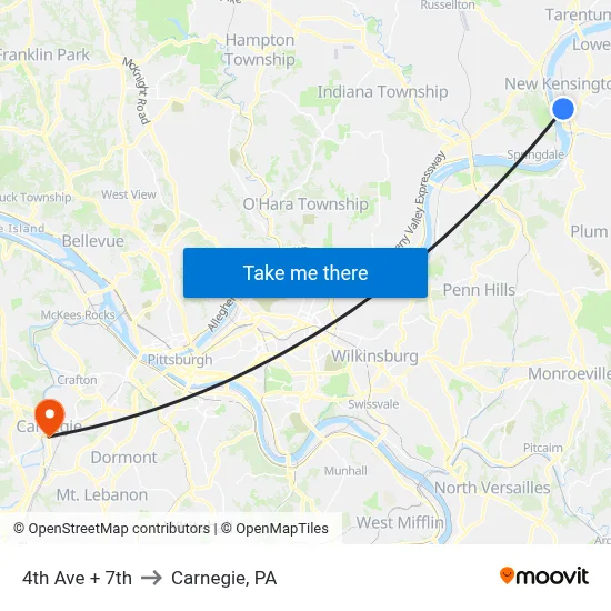 4th Ave + 7th to Carnegie, PA map