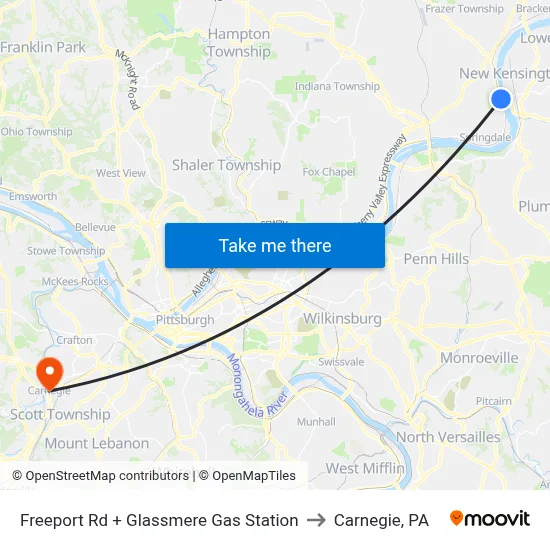 Freeport Rd + Glassmere Gas Station to Carnegie, PA map