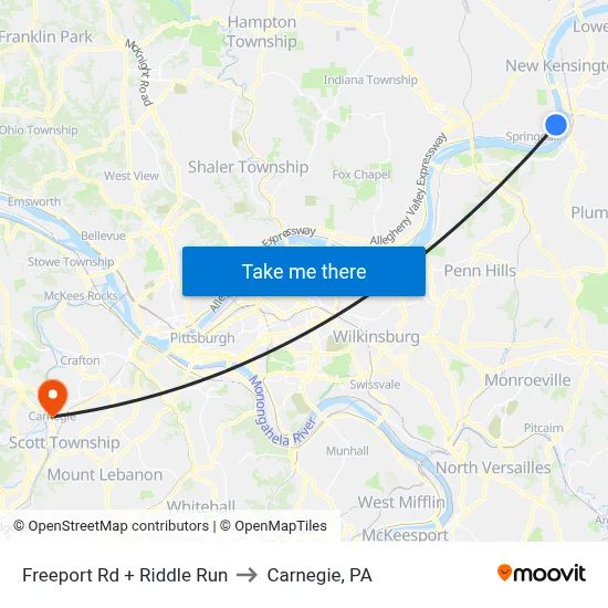 Freeport Rd + Riddle Run to Carnegie, PA map