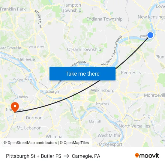 Pittsburgh St + Butler FS to Carnegie, PA map