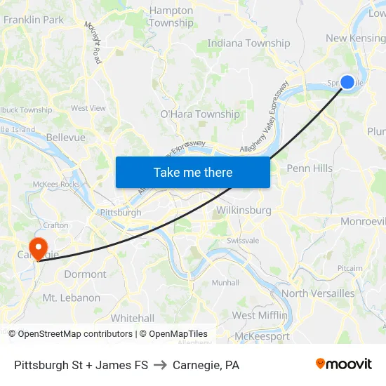 Pittsburgh St + James FS to Carnegie, PA map