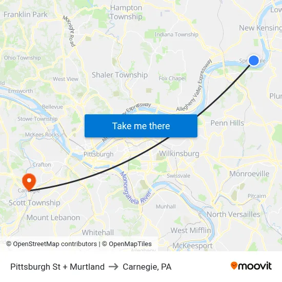 Pittsburgh St + Murtland to Carnegie, PA map