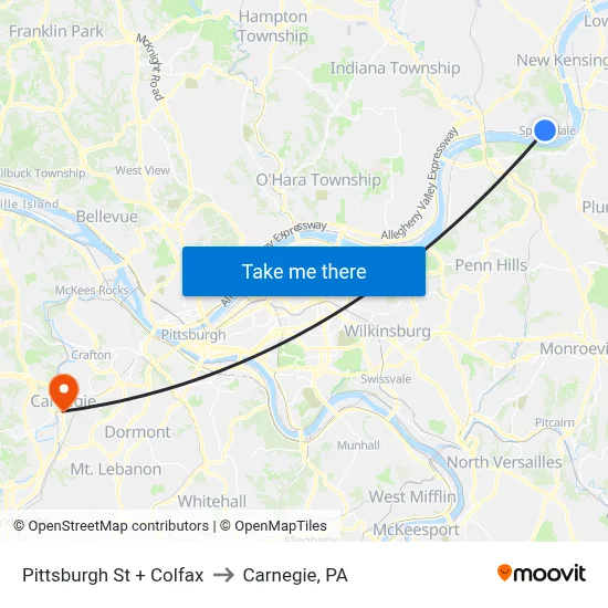 Pittsburgh St + Colfax to Carnegie, PA map
