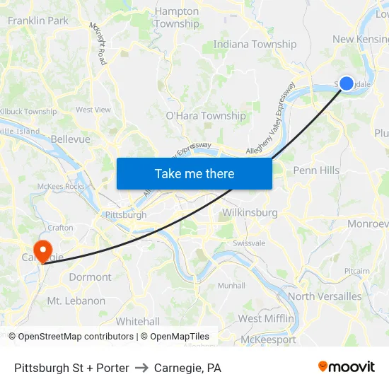 Pittsburgh St + Porter to Carnegie, PA map