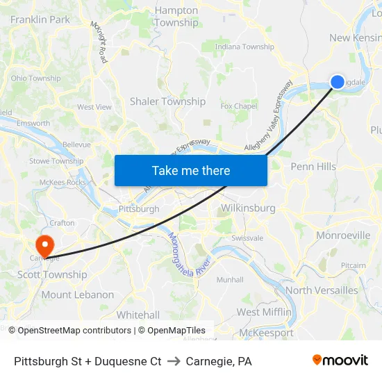 Pittsburgh St + Duquesne Ct to Carnegie, PA map