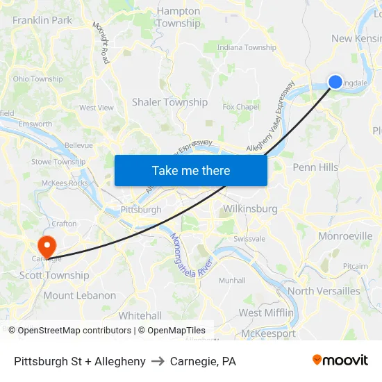 Pittsburgh St + Allegheny to Carnegie, PA map