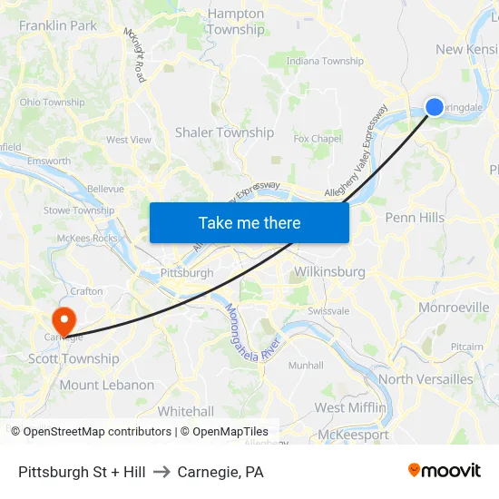 Pittsburgh St + Hill to Carnegie, PA map