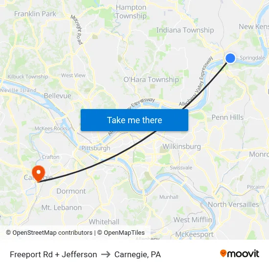 Freeport Rd + Jefferson to Carnegie, PA map