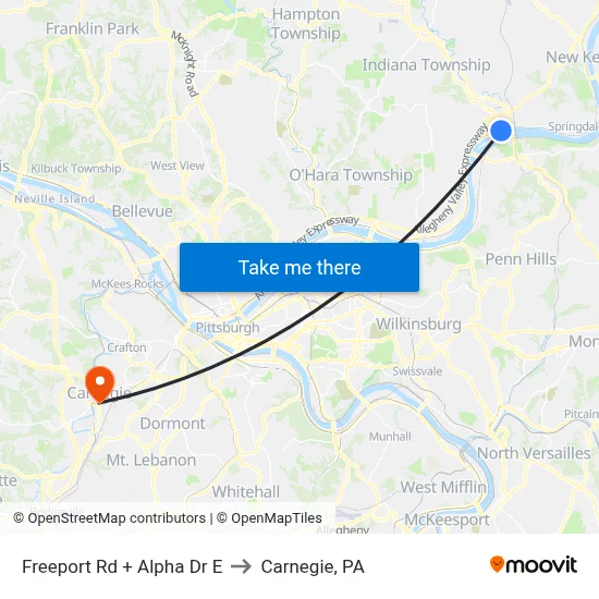 Freeport Rd + Alpha Dr E to Carnegie, PA map