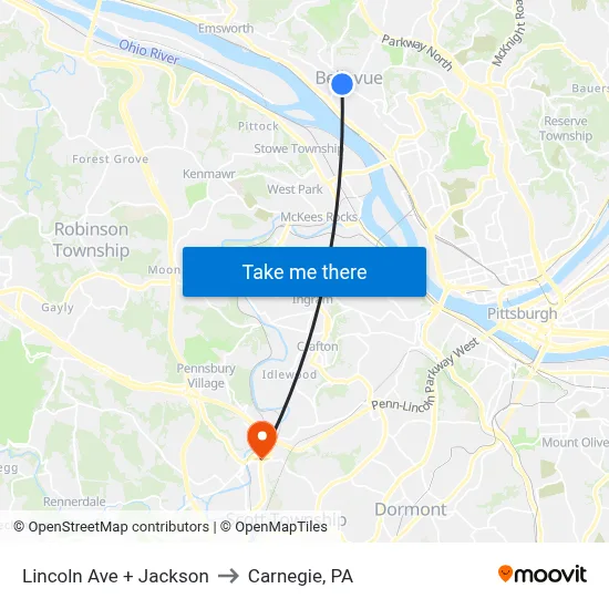 Lincoln Ave + Jackson to Carnegie, PA map