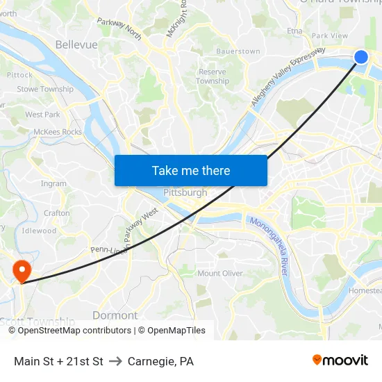 Main St + 21st St to Carnegie, PA map