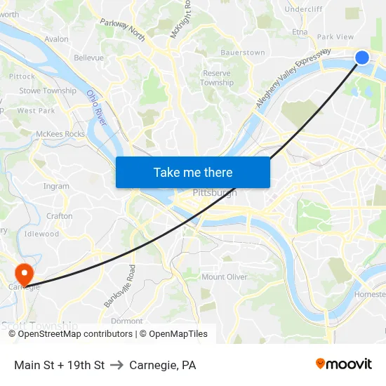 Main St + 19th St to Carnegie, PA map