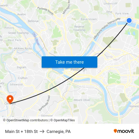 Main St + 18th St to Carnegie, PA map
