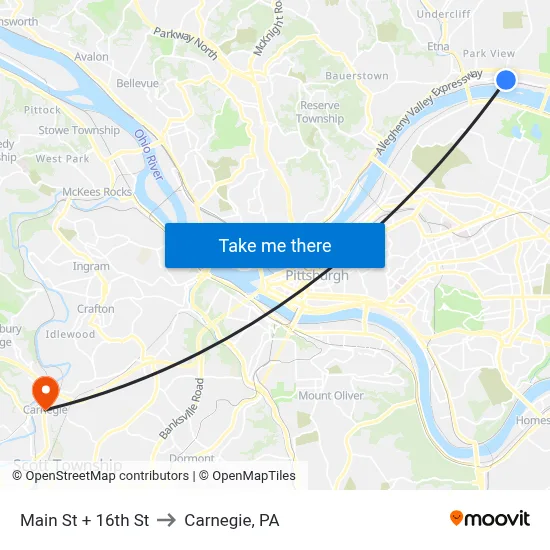 Main St + 16th St to Carnegie, PA map