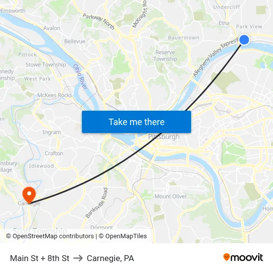 Main St + 8th St to Carnegie, PA map