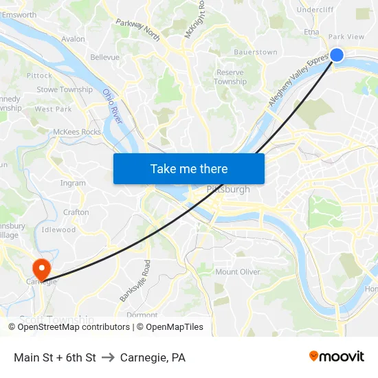 Main St + 6th St to Carnegie, PA map