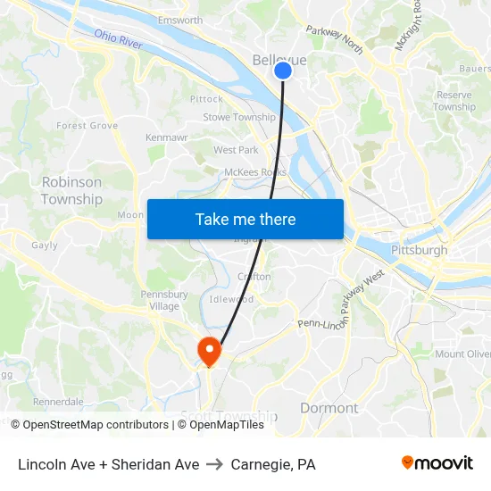 Lincoln Ave + Sheridan Ave to Carnegie, PA map