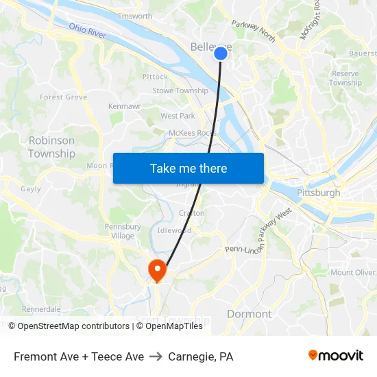 Fremont Ave + Teece Ave to Carnegie, PA map