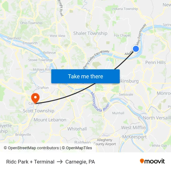 Ridc Park + Terminal to Carnegie, PA map