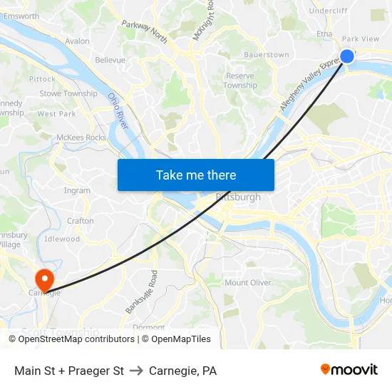 Main St + Praeger St to Carnegie, PA map