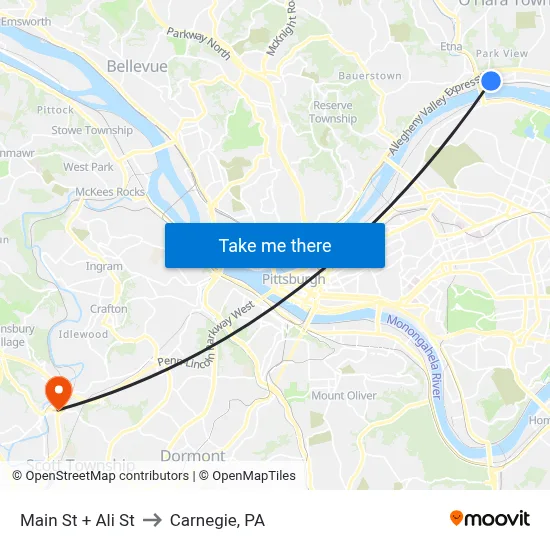 Main St + Ali St to Carnegie, PA map