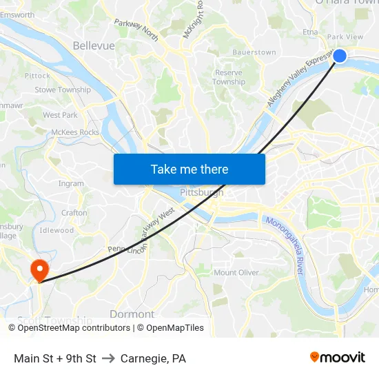 Main St + 9th St to Carnegie, PA map