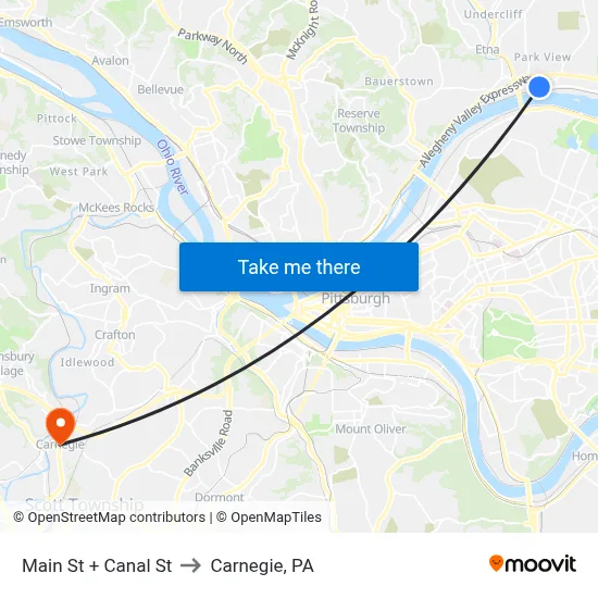 Main St + Canal St to Carnegie, PA map