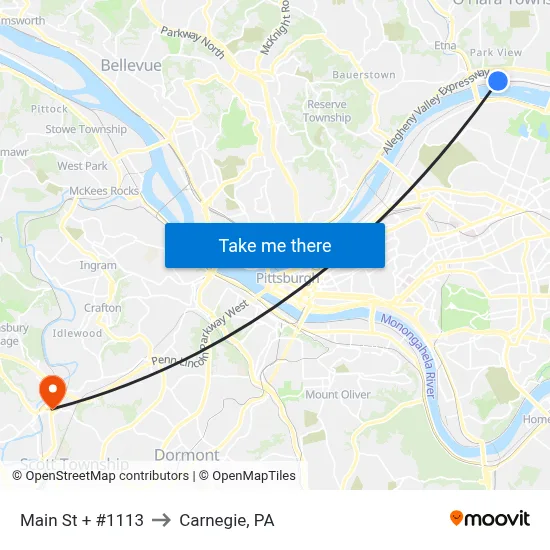 Main St + #1113 to Carnegie, PA map