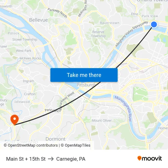 Main St + 15th St to Carnegie, PA map