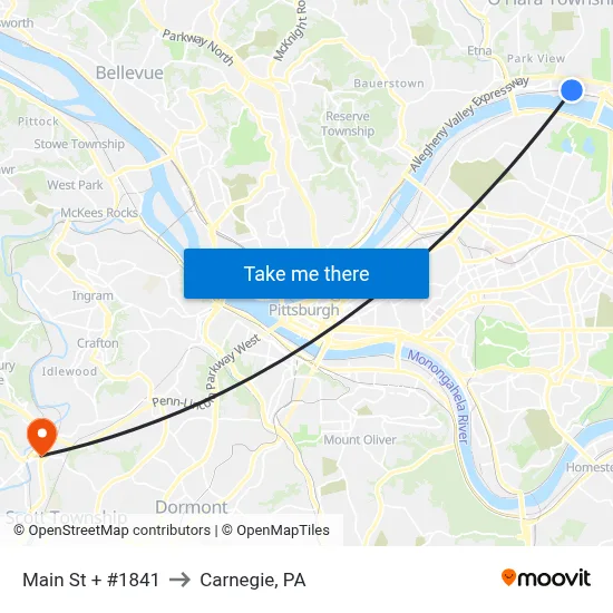 Main St + #1841 to Carnegie, PA map