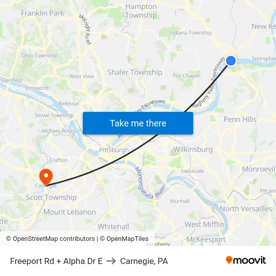 Freeport Rd + Alpha Dr E to Carnegie, PA map