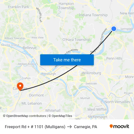 Freeport Rd + # 1101 (Mulligans) to Carnegie, PA map