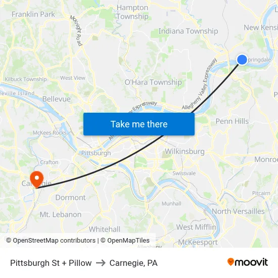 Pittsburgh St + Pillow to Carnegie, PA map