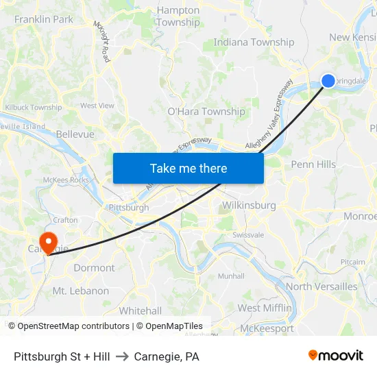Pittsburgh St + Hill to Carnegie, PA map