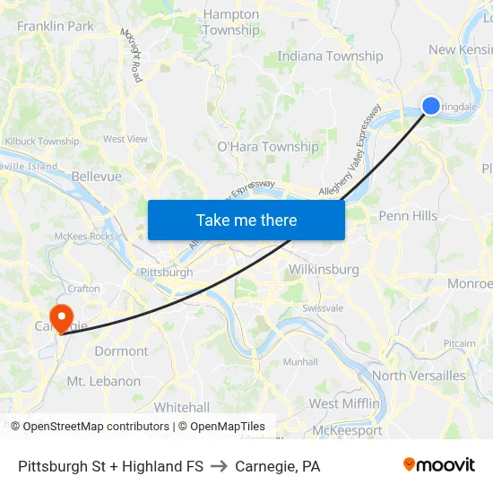 Pittsburgh St + Highland FS to Carnegie, PA map