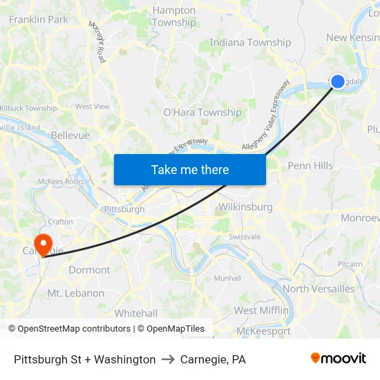 Pittsburgh St + Washington to Carnegie, PA map