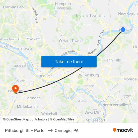 Pittsburgh St + Porter to Carnegie, PA map