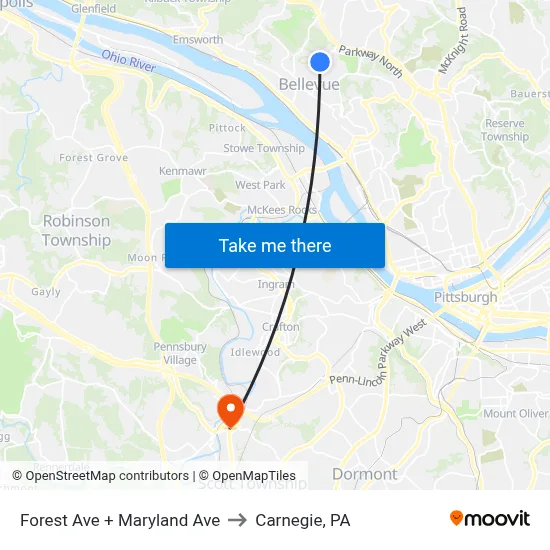 Forest Ave + Maryland Ave to Carnegie, PA map