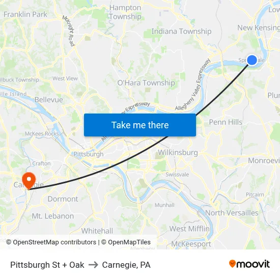 Pittsburgh St + Oak to Carnegie, PA map