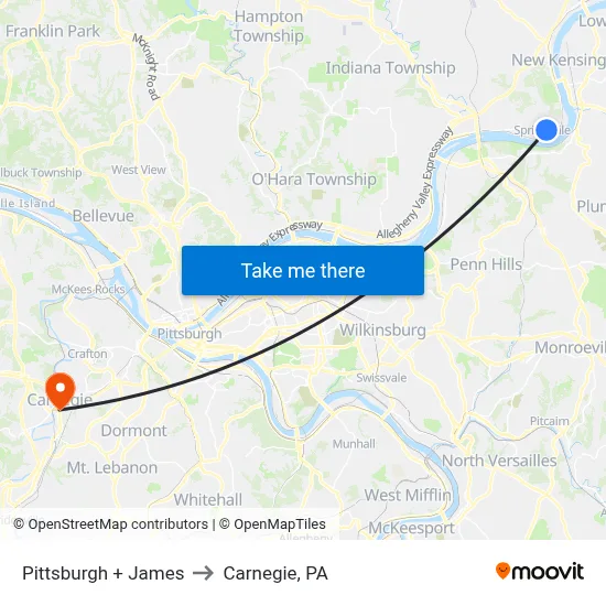 Pittsburgh + James to Carnegie, PA map