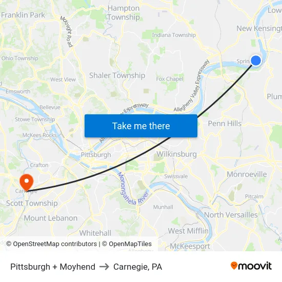 Pittsburgh + Moyhend to Carnegie, PA map