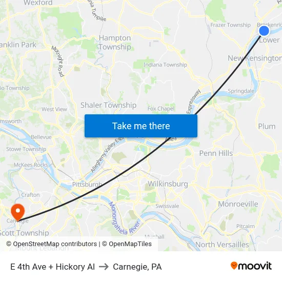 E 4th Ave + Hickory Al to Carnegie, PA map