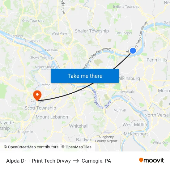 Alpda Dr + Print Tech Drvwy to Carnegie, PA map