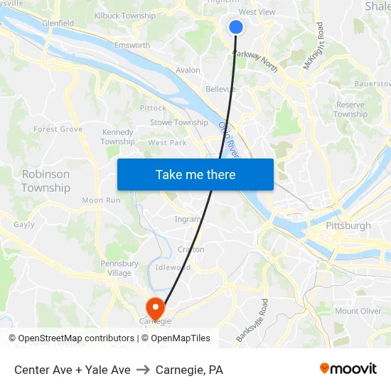 Center Ave + Yale Ave to Carnegie, PA map