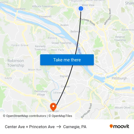 Center Ave + Princeton Ave to Carnegie, PA map