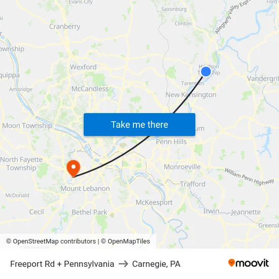 Freeport Rd + Pennsylvania to Carnegie, PA map